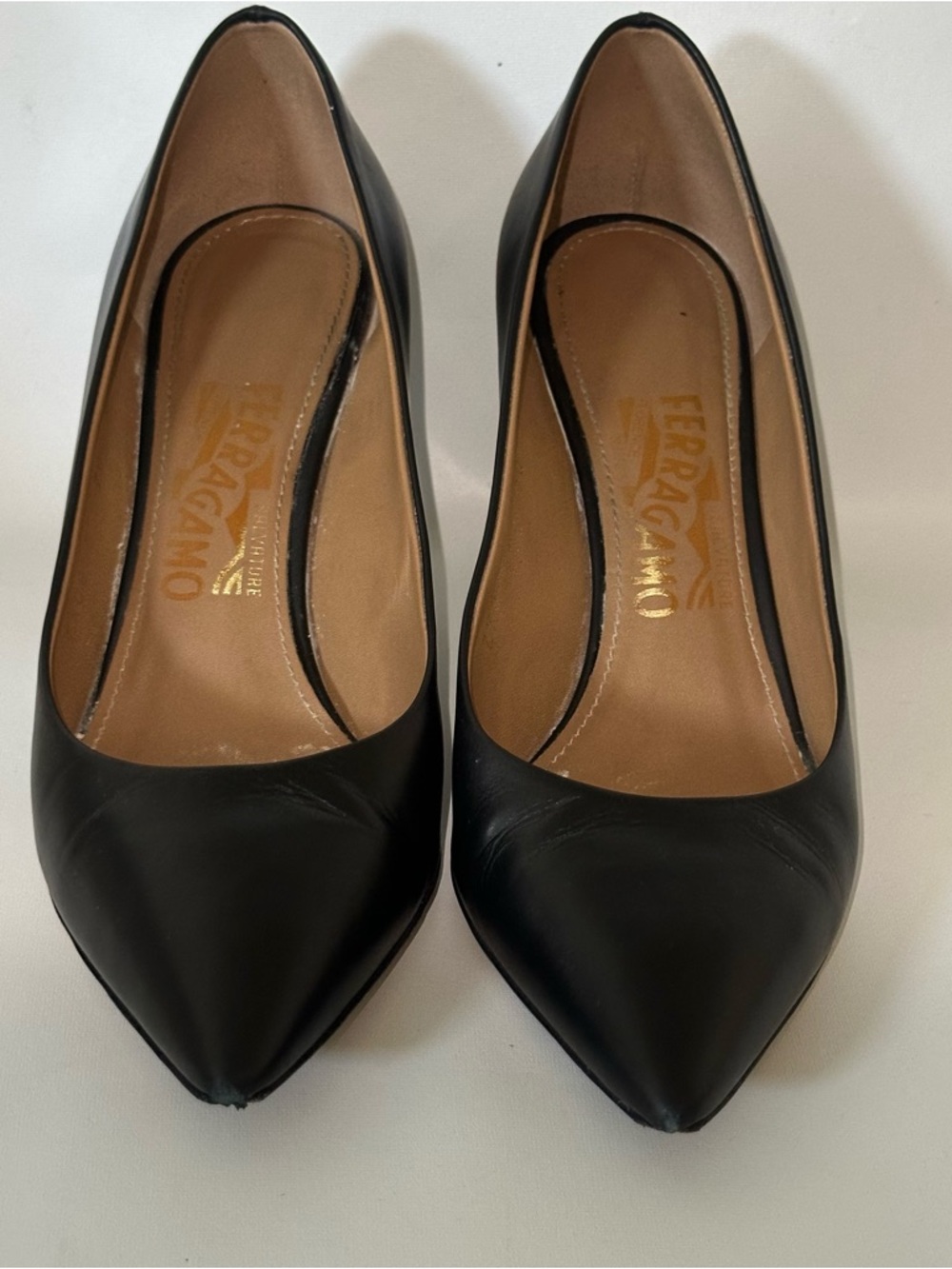 Salvatore Ferragamo Black Pointed-Toe Leather Pumps